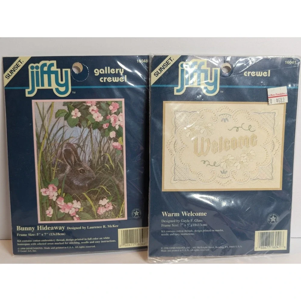NEW Jiffy‎ Crewel Warm Welcome & Bunny Hideaway Cross Stitch Kits
